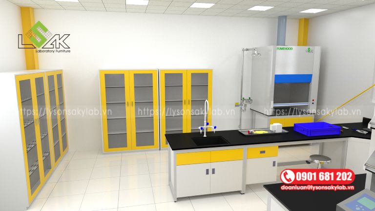 Tủ hút khí độc và vòi rửa khẩn cấp trong phòng thí nghiệm công ty Techbond VN.