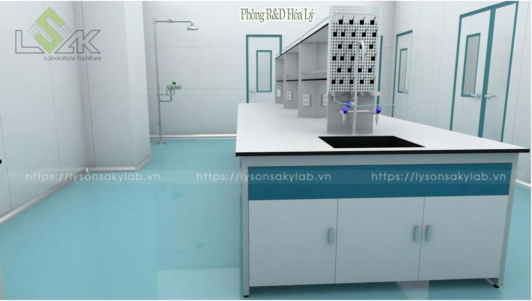 Bàn thí nghiệm trung tâm có giá kệ chậu rửa, phòng R&D hóa lý nội thất phòng lab nhà máy sản xuất thuốc thú y - thủy sản UV Việt Nam