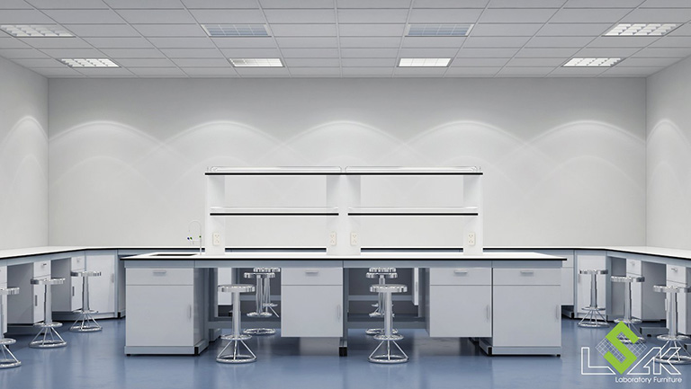 Dãy bàn thí nghiệm áp tường, bàn trung tâm thiết kế phòng lab trung tâm nghiên cứu và phát triển thực phẩm
