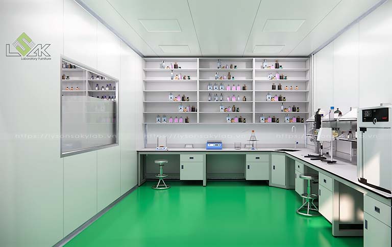 Bàn thí nghiệm và kệ trưng bày mẫu thiết kế phòng lab mỹ phẩm - Cosmetic Laboratory Design