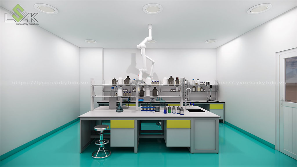 Thiết kế bàn thí nghiệm trung tâm có giá kệ hóa chất phòng lab nghiên cứu và phát triển các sản phẩm phụ gia hoá chất xây dựng