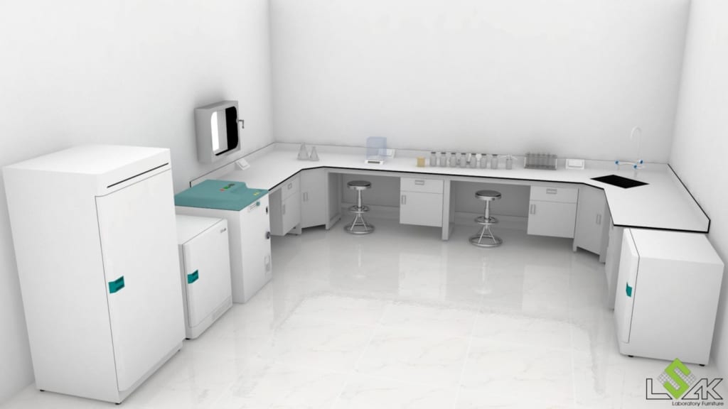 Thiết kế dãy bàn thí nghiệm áp tường phòng thí nghiệm nước tẩy giặt