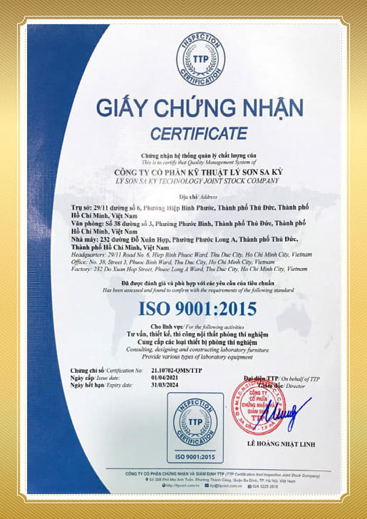 Chung nhan ISO 9001- 2015 Ly Son Sa Ky - Nha san xuat noi that phong thi nghiem