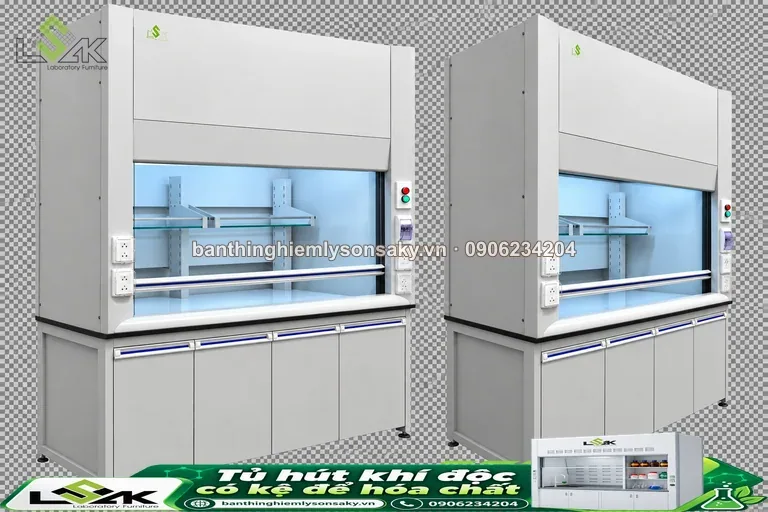 Tủ hút khí độc có kệ để hóa chất thi công thực tế